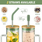 Kodrine Tumbler with Lid and Straw, 20 oz Glass Coffee Tumbler with Handle, Smoothie Cup with Bamboo Lid | Time Marker | Silicone Protective Sleeve, BPA Free - Olive