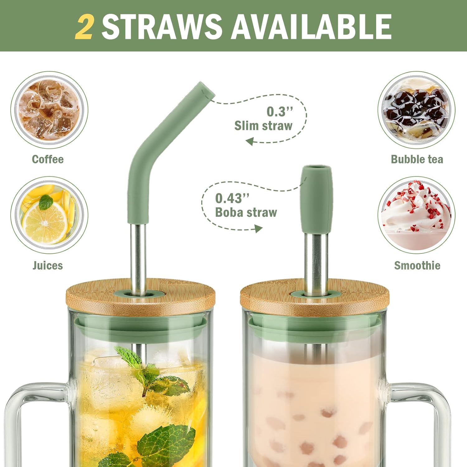 Kodrine Tumbler with Lid and Straw, 20 oz Glass Coffee Tumbler with Handle, Smoothie Cup with Bamboo Lid | Time Marker | Silicone Protective Sleeve, BPA Free - Olive