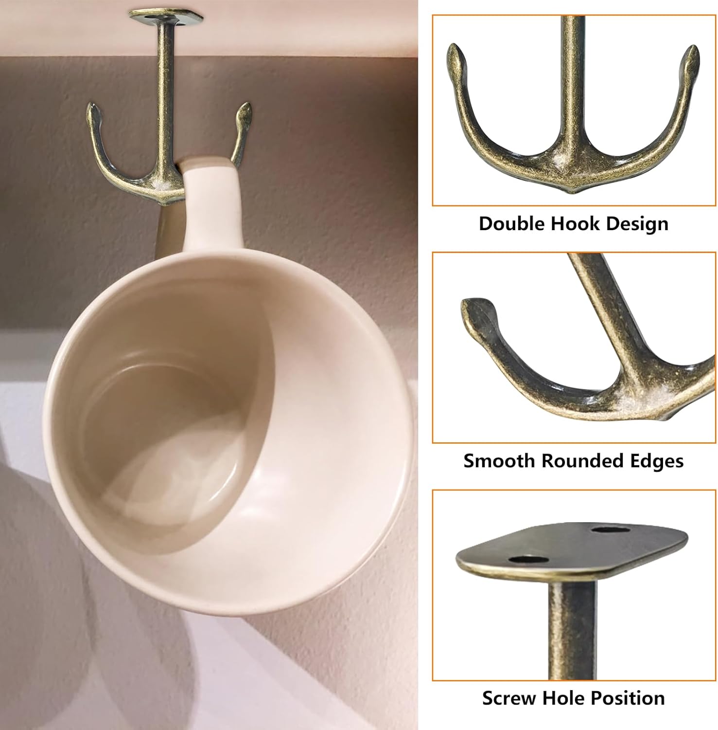 Anchor Shape Zinc Alloy Double Prong Ceiling Hooks, 4-Pack Under Shelf Coat Hooks Hanging Towel Robe Clothes Cap Bathroom Kitchen Cabinet Garage Use (Bronze)