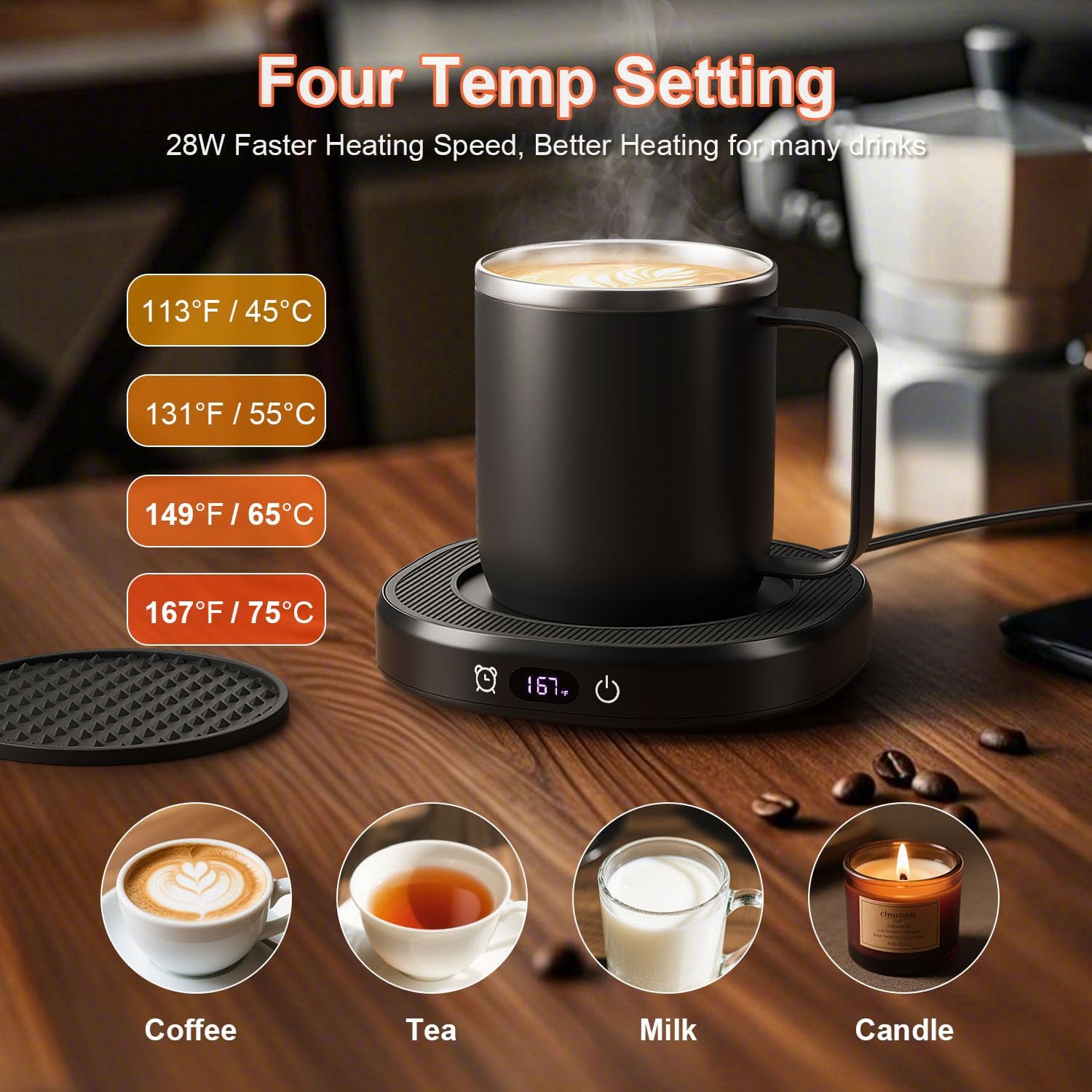 Coffee Mug Warmer & Mug Set for Desk Auto Shut Off, Smart Coffee Warmer & 14oz Cup, Fast Heating Electric Coffee Cup Warmer 4 Temperature Control Setting 8H Timer Candle Tea Beverage Warmer for Coffee