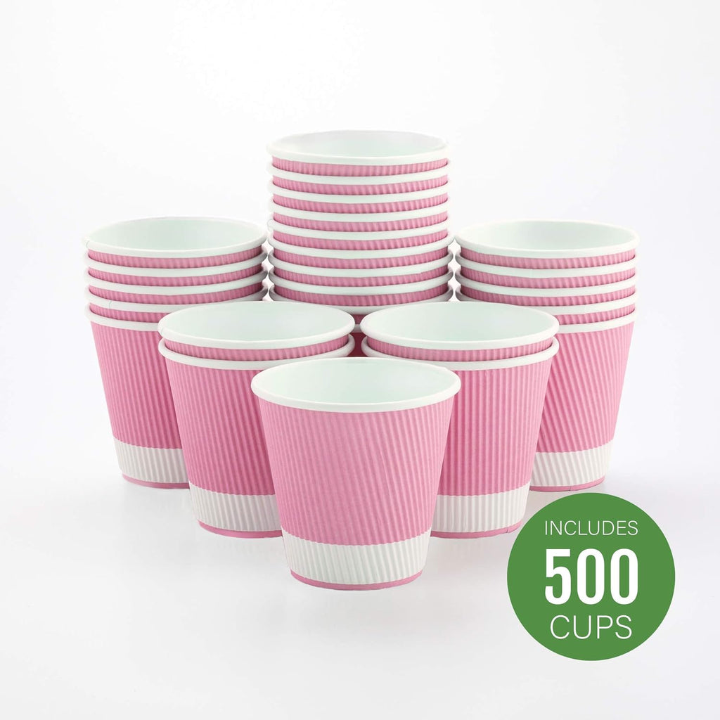 Restaurantware 8 Ounce Double Wall Disposable Coffee Cups, 500 Insulated Light Pink Paper Tumblers, with Ripple Wall Design, Lids Sold Separately for Hot Drinks like Tea, Coffee and More