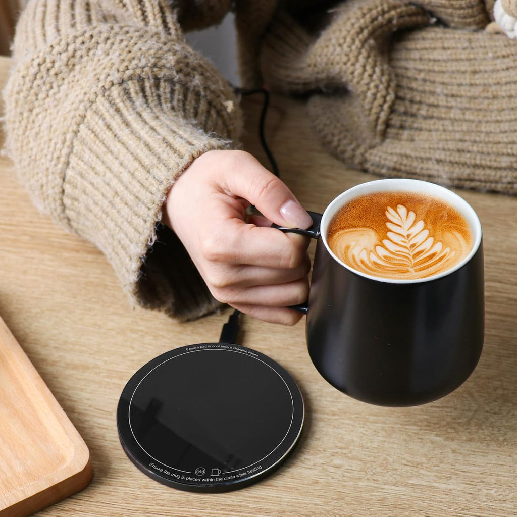 APEKX Self-Heating Ceramic Coffee Mug - Stable 130°F Temperature, 15W Wireless Phone Charging, 12.8 fl oz Capacity - USB-C Enabled. (Black)