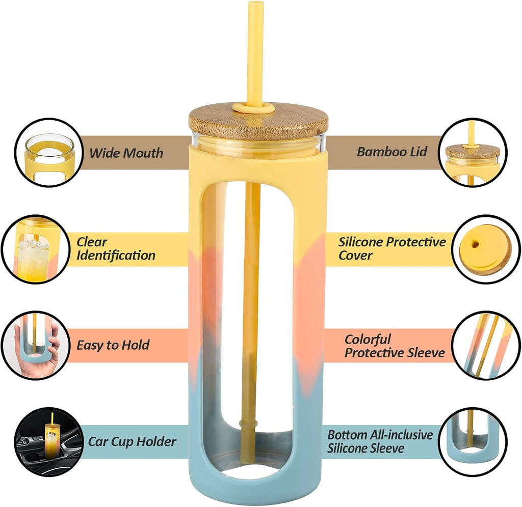 Kodrine 20oz Glass Tumbler with Straw and Lid, Iced Coffee Cups with Bamboo Lids, Glass Cups for Cold Drinks, Smoothie Cup with Silicone Sleeve for Travel, Work, BPA FREE-Red Yellow