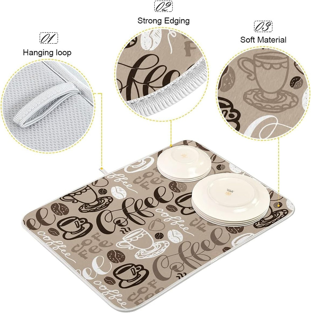Brown Coffee Dish Drying Mat - 18 x 24 Inch, High Absorbent Reversible Microfiber Coffee Bean Dish Rack Pad