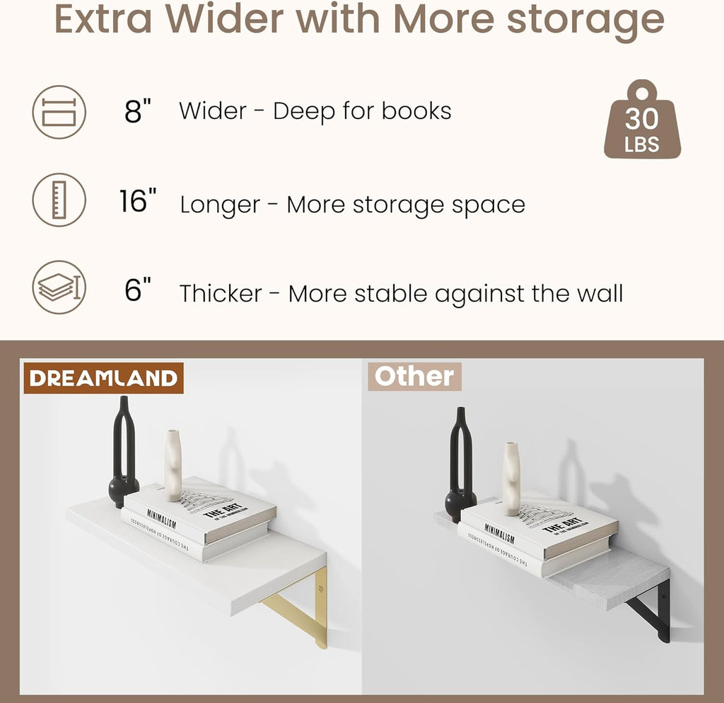 Dreamland Deep Floating Shelves for Wall, 16W x 8D Wall Mounted Shelves Set of 2, Floating Shelves Bedroom with Sturdy Metal Brackets for Living Room, Bathroom and Kitchen, White with Gold Brackets