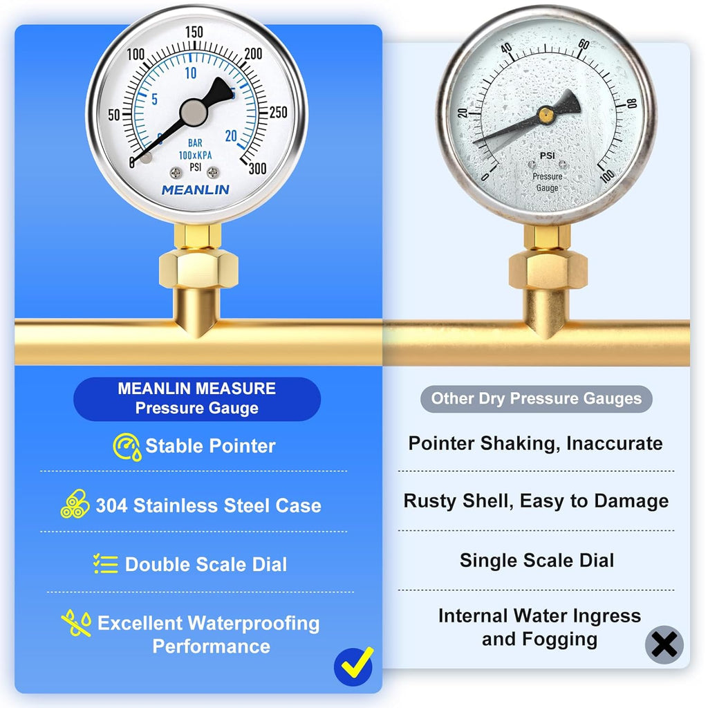 MEANLIN MEASURE 0~300Psi Dry Pressure Gauge Stainless Steel 1/4" NPT 2" FACE DIAL Waterproof for Air Compressor Air Regulator Water Filter Lower Mount, with 1/2" NPT and 3/8" NPT Hex Bushing