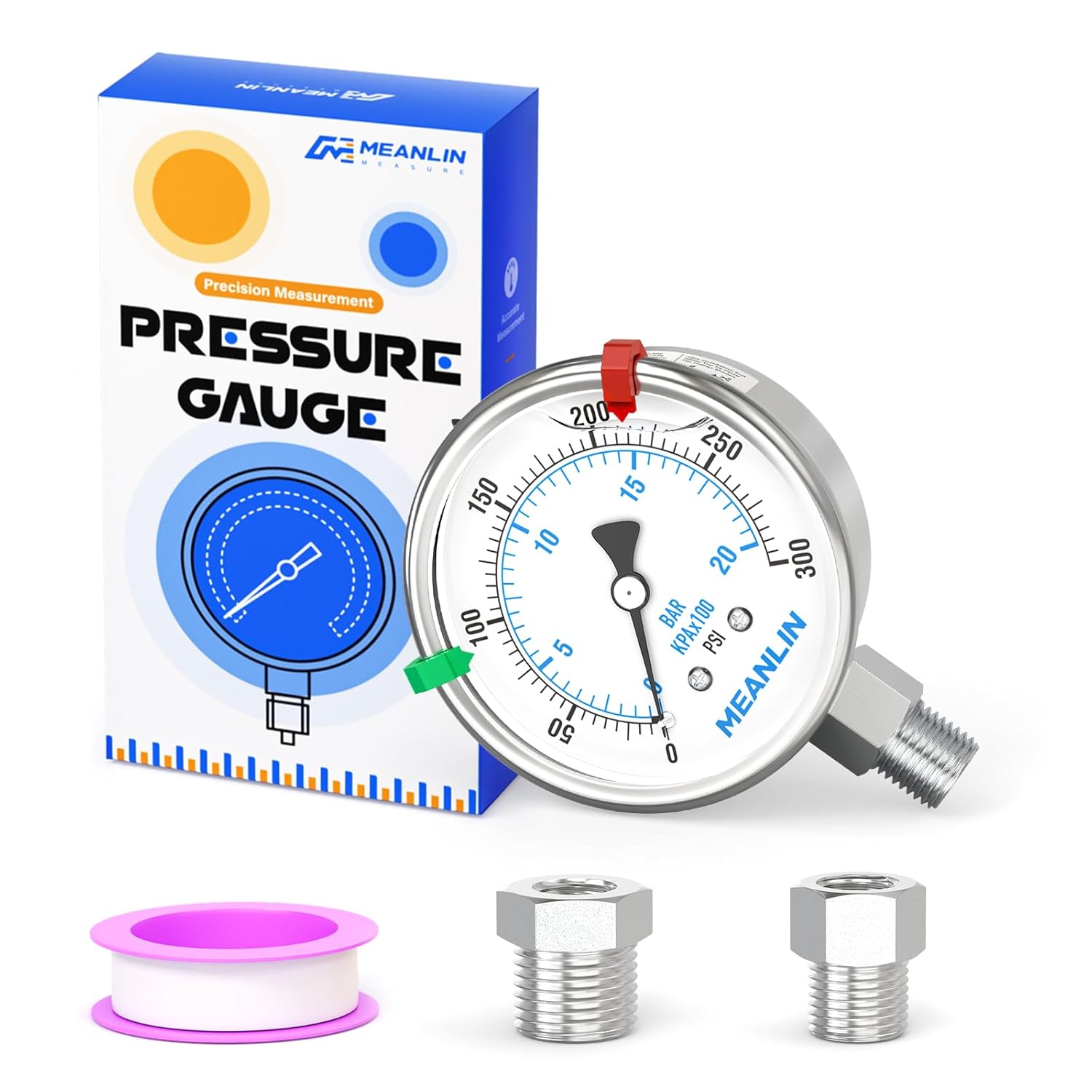 MEANLIN MEASURE 0~300Psi Stainless Steel Liquid Filled Pressure Gauge 2.5" FACE DIAL 1/4" NPT for Air Compressor Air Regulator Water Filter Lower Mount with Stainless Steel Hex Bushing and Snaps