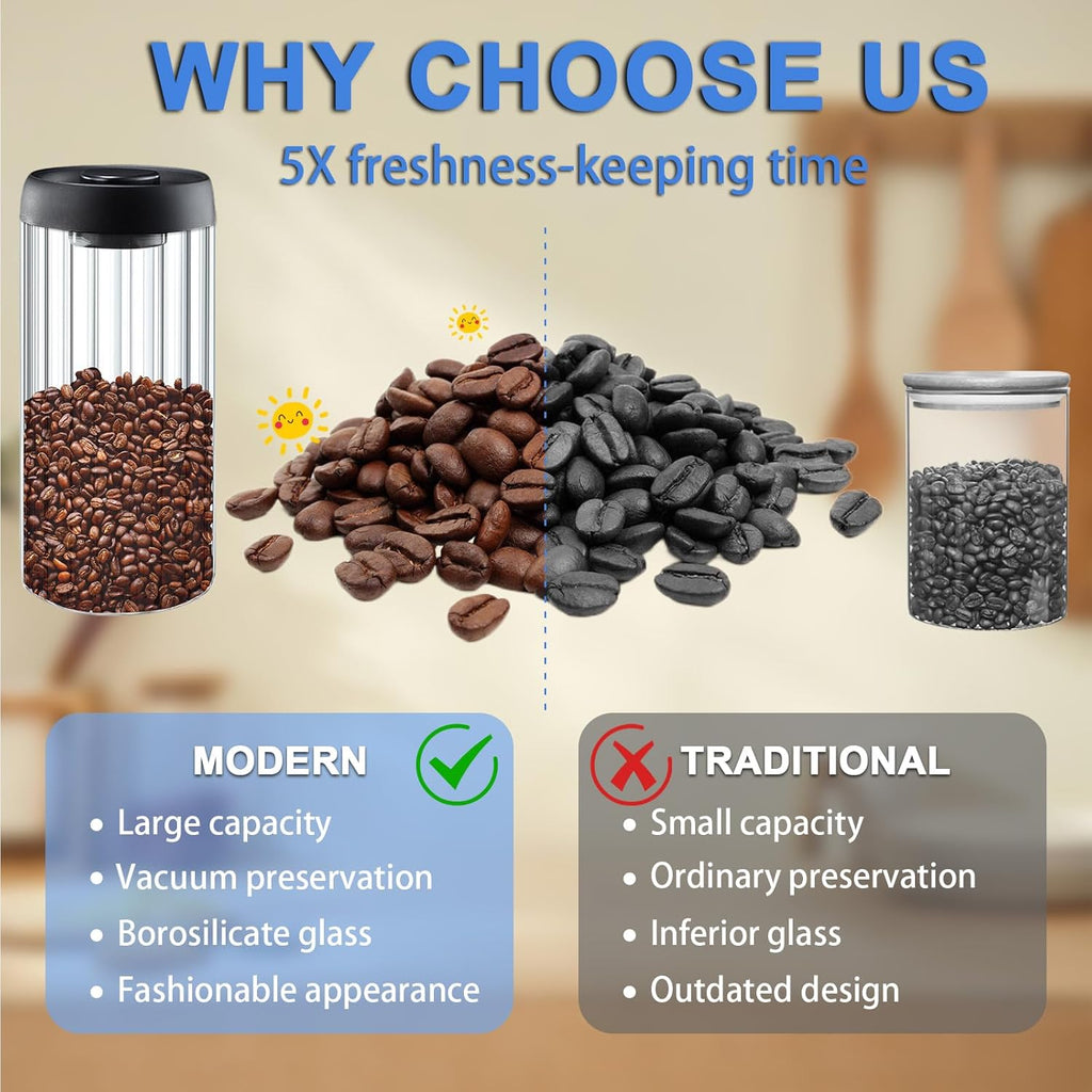 Vacuum Coffee Canister,2PCS 61FLOZ Borosilicate Glass Jar with Spare Airtight lid, Label and Brush, Coffee Bean Storage for Coffee Beans & Grounds Coffee(Clear Glass)