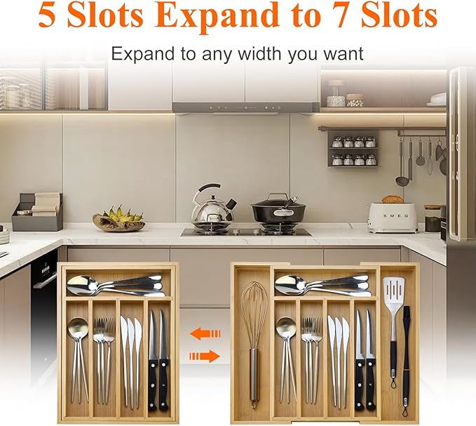 Expandable Large Utensil Drawer Organizer Cutlery Tray Bamboo Kitchen Silverware Organizer Cooking Utensil Tray Holder Adjustable Wooden Flatware Organizer for Drawer Spoon Fork Silverware Tray