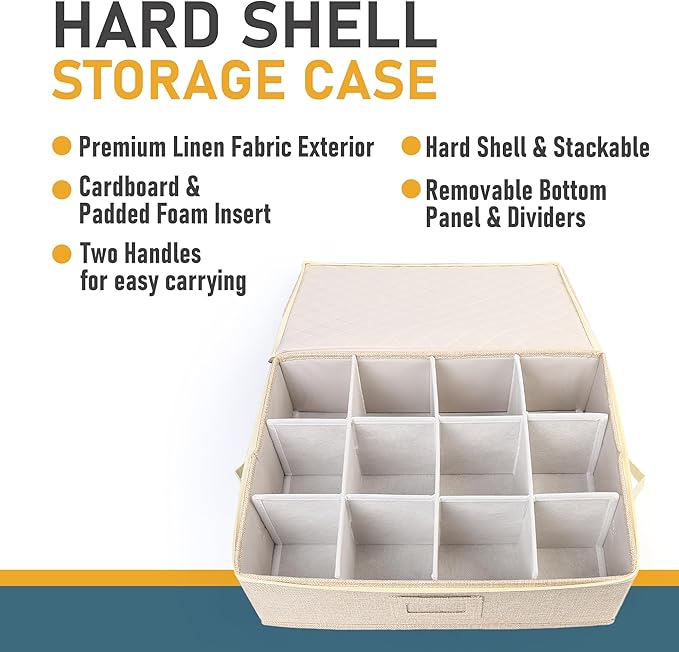 LotFancy Cup and Mug Storage Box, Hard Shell, China Coffee Mug Storage Container for Moving, Holds 12 Tea Cups, with Dividers & Handles, Beige