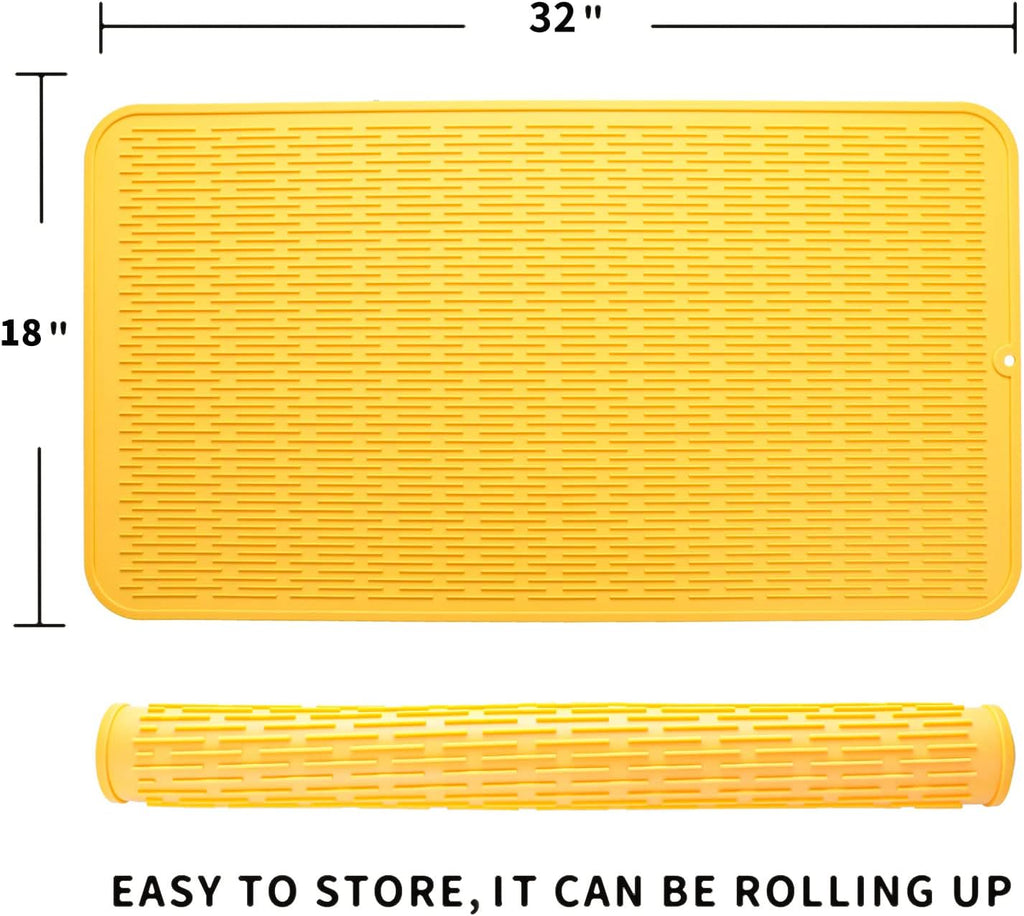 Silicone Dish Drying Mat for Multiple Usage,Easy clean,Eco-friendly,Heat-resistant Silicone Mat for Kitchen Counter or Sink,Refrigerator or Drawer Liner Yellow 4XL 32 inches x 18 inches