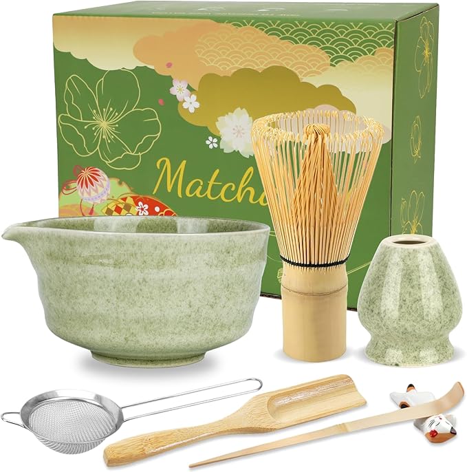 7 Pcs Matcha Whisk Set with Ceramic Bowl, Whisk, Holder, Bamboo Scoop, Sifter, Spoon and Holder, Matcha Kit for Matcha Lover (Matcha Green)