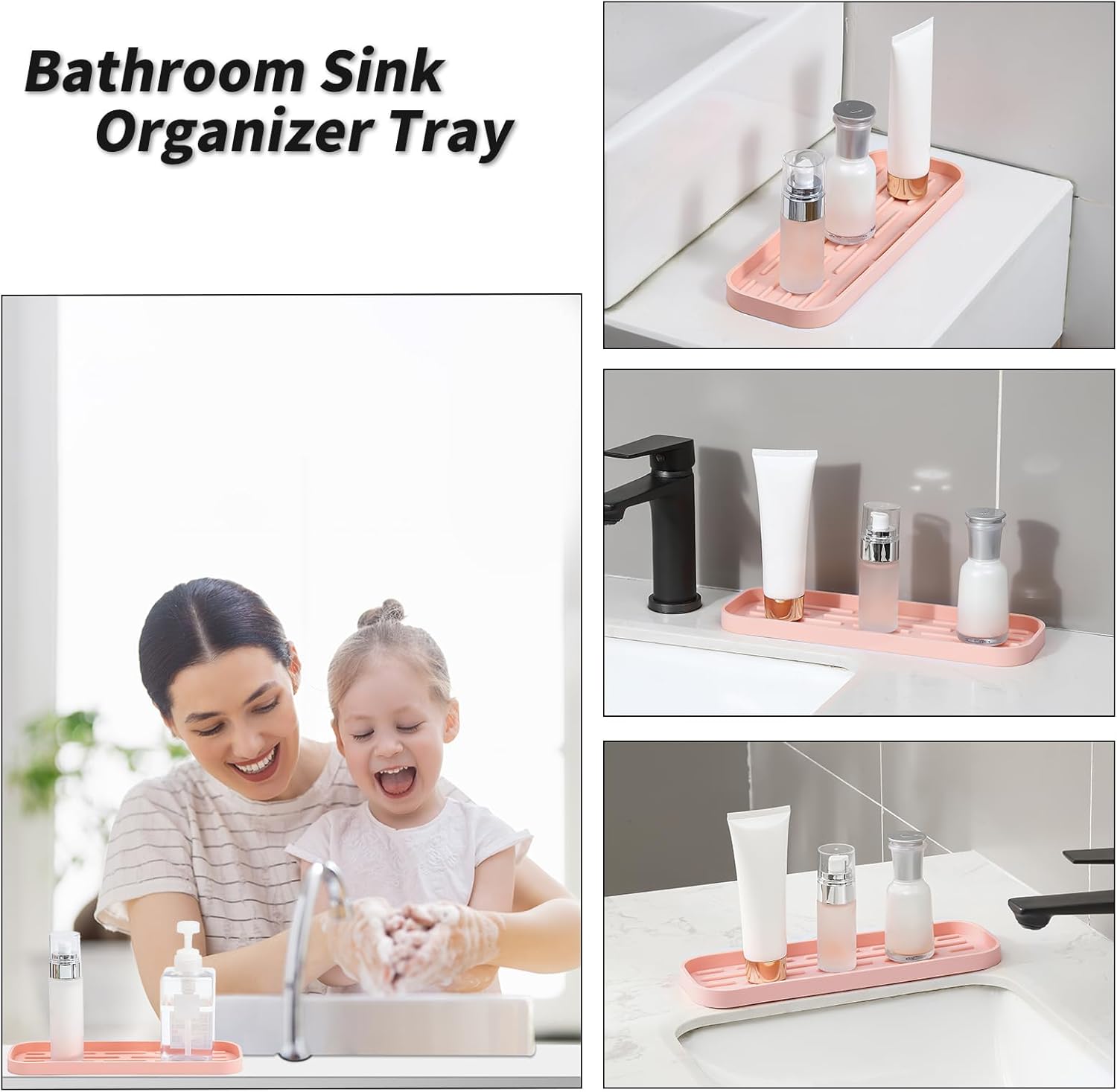 Silicone Kitchen Sink Organizer Tray for Multiple Usage,Easy Clean,Eco-Friendly Sponges Holder for Kitchen Bathroom Counter or Sink,Dish Soap Dispenser,Scrubber,Bottle,Cup Pink 12" x 4”