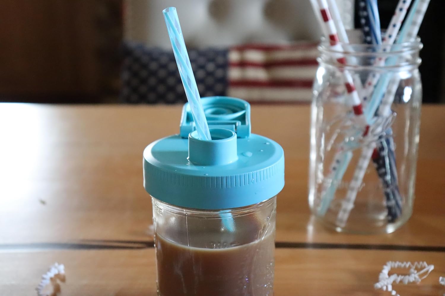 Brewing America Creamer Jar with Pouring Lid, 1 Pint (16 oz) Azure Mason Jar with Teal Wide Mouth Pour Lid for Milk, Sugar, and Cream, 1-Pack (Teal)