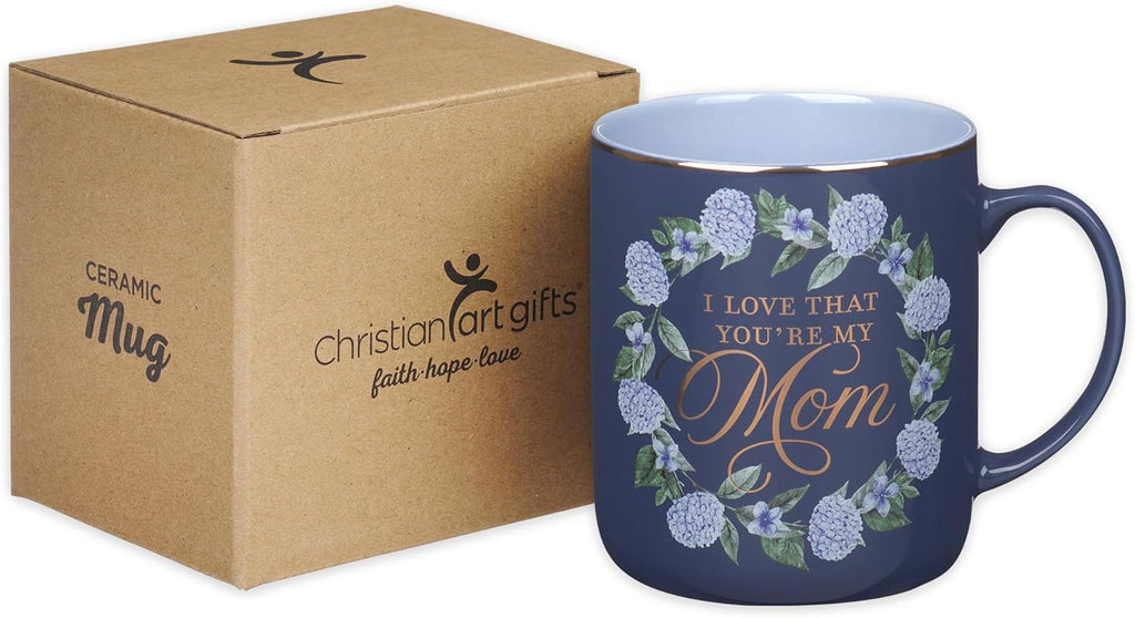Christian Art Gifts Large Ceramic Inspirational Coffee & Tea Scripture Mug for Mothers: I Love that You're My Mom, Proverb Bible Verse, Cute Novelty Golden Beverage Cup, Purple & Blue Floral, 14 oz.