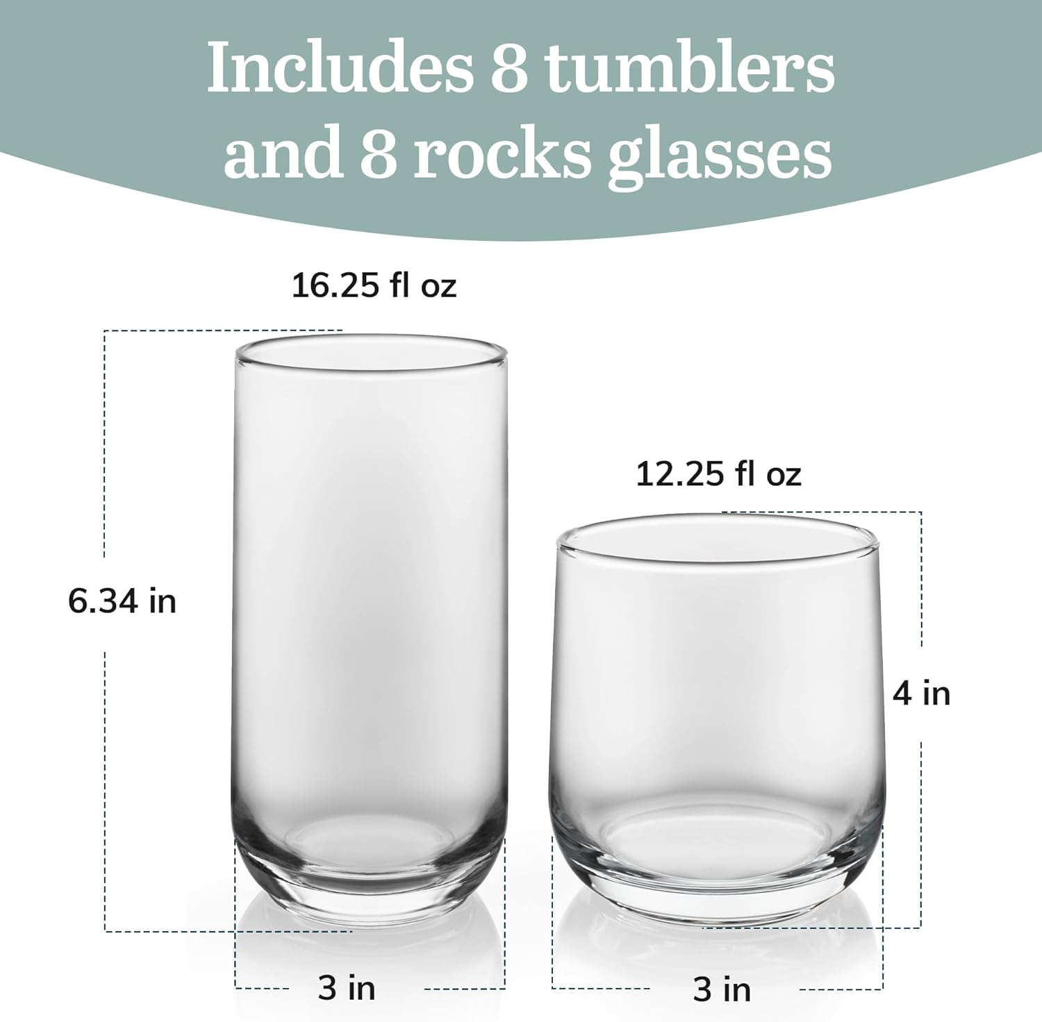 Libbey Ascent Tumbler and Rocks Drinking Glasses Set of 16, Glass Drinking Glasses with Curvature, Versatile Glassware Set for Parties and More