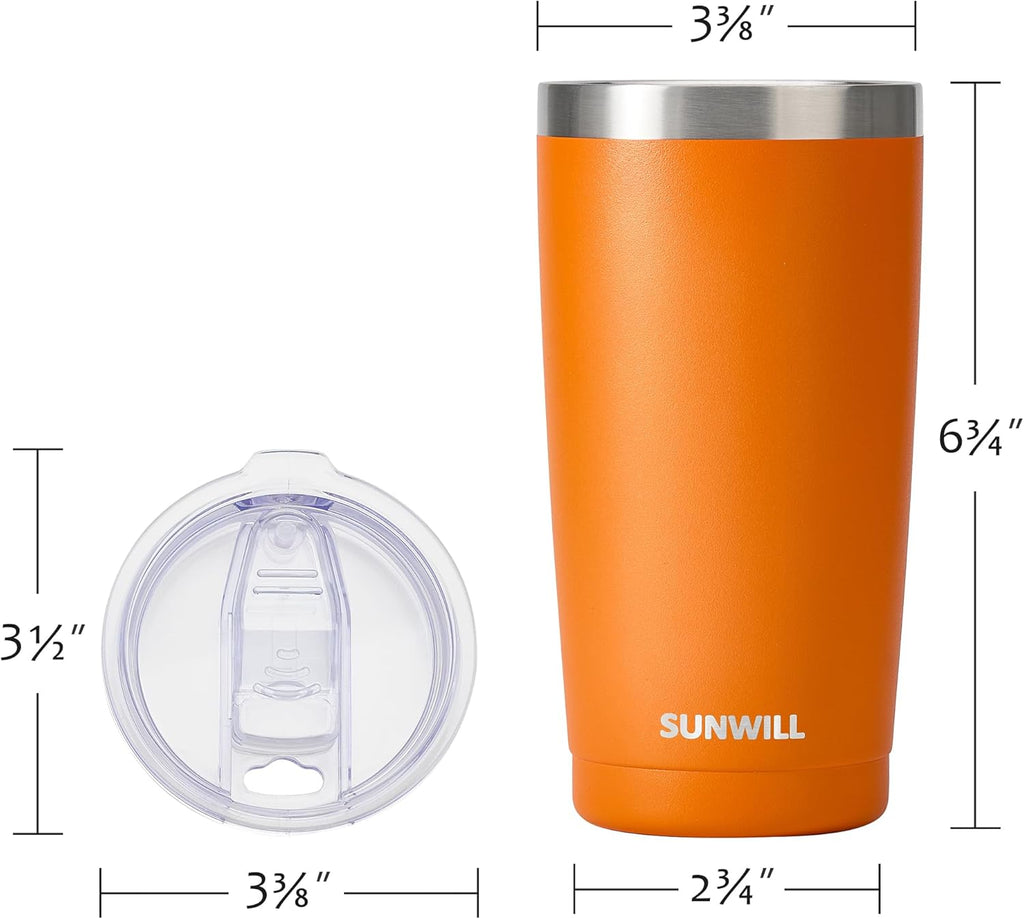 SUNWILL Travel Coffee Tumbler 20 oz, Insulated Mug with Lid, Stainless Steel Cup for Hot and Cold Drinks, Powder Coated Orange