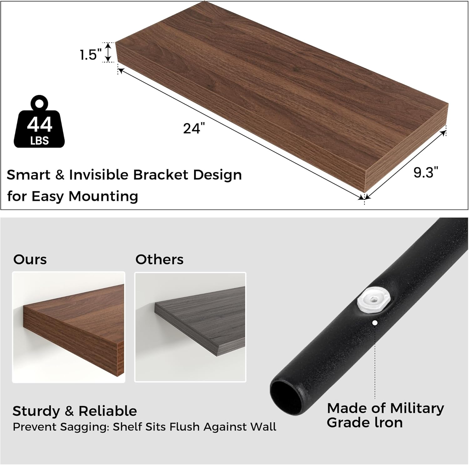 Floating Shelves - 2 Large Wall Mounted Shelves with Invisible Brackets, Long Wood Floating Wall Shelf for Living Room, Bedroom, Kitchen (Walnut, 24" W x 9" D x 1.5" H)