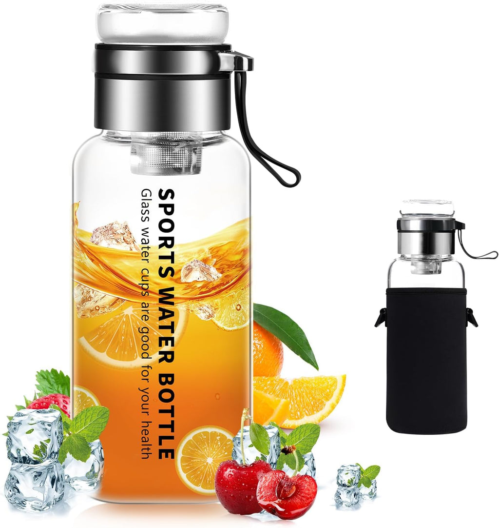 50 oz Glass Water Bottles - Large, Clear, Borosilicate Glass Water Bottle with Stainless Tea Infuser - Cup-Function Lid, Neoprene Sleeve, Strap - Wide Mouth BPA free, for Tea, Beverages, Juice