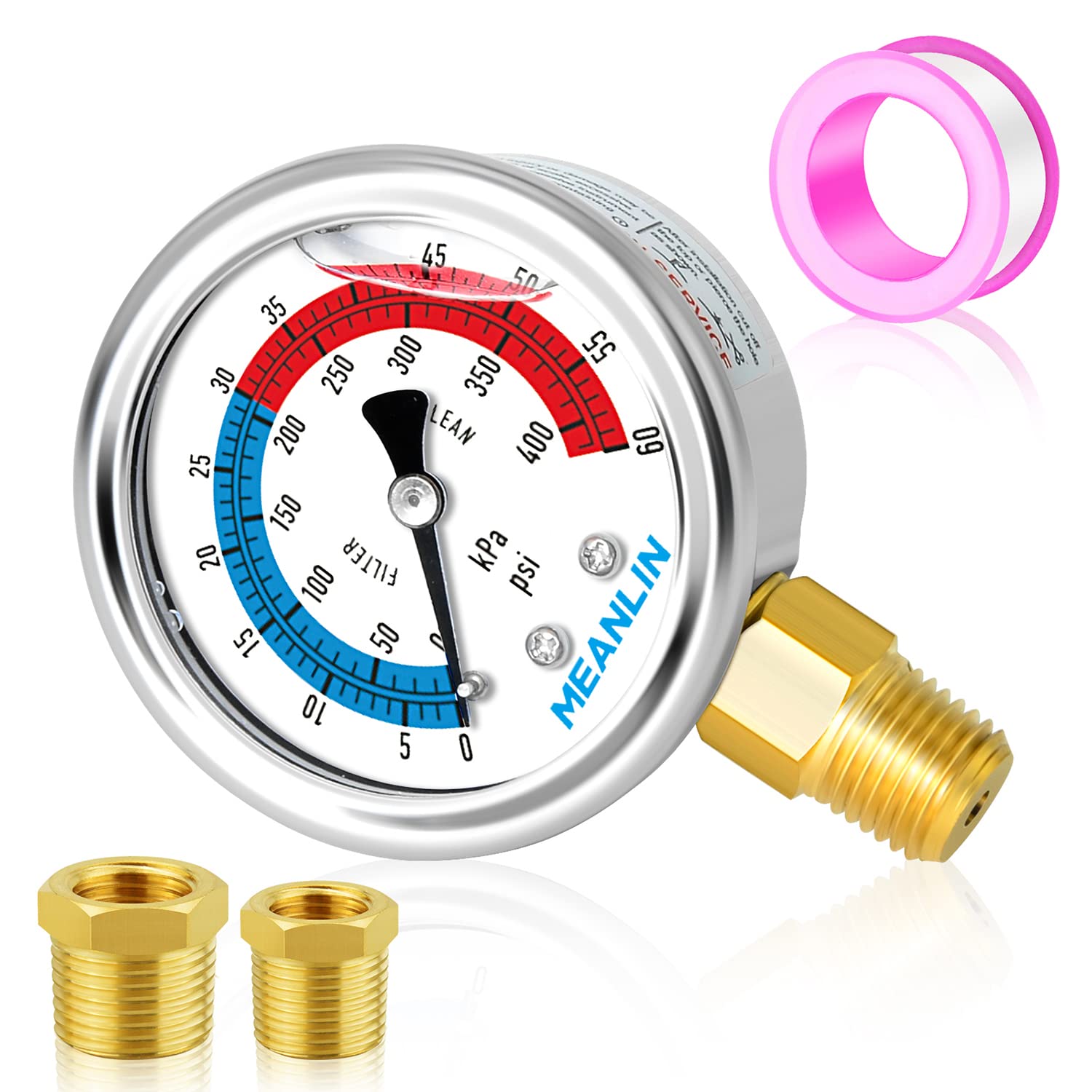 MEANLIN MEASURE 1/4" NPT 0-60psi Pressure Gauge, 2" Dial Glycerine Filled Pool Filter, 304 Stainless Steel Housing, Lower Mount, with 1/2" NPT and 3/8" NPT Hex Bushing