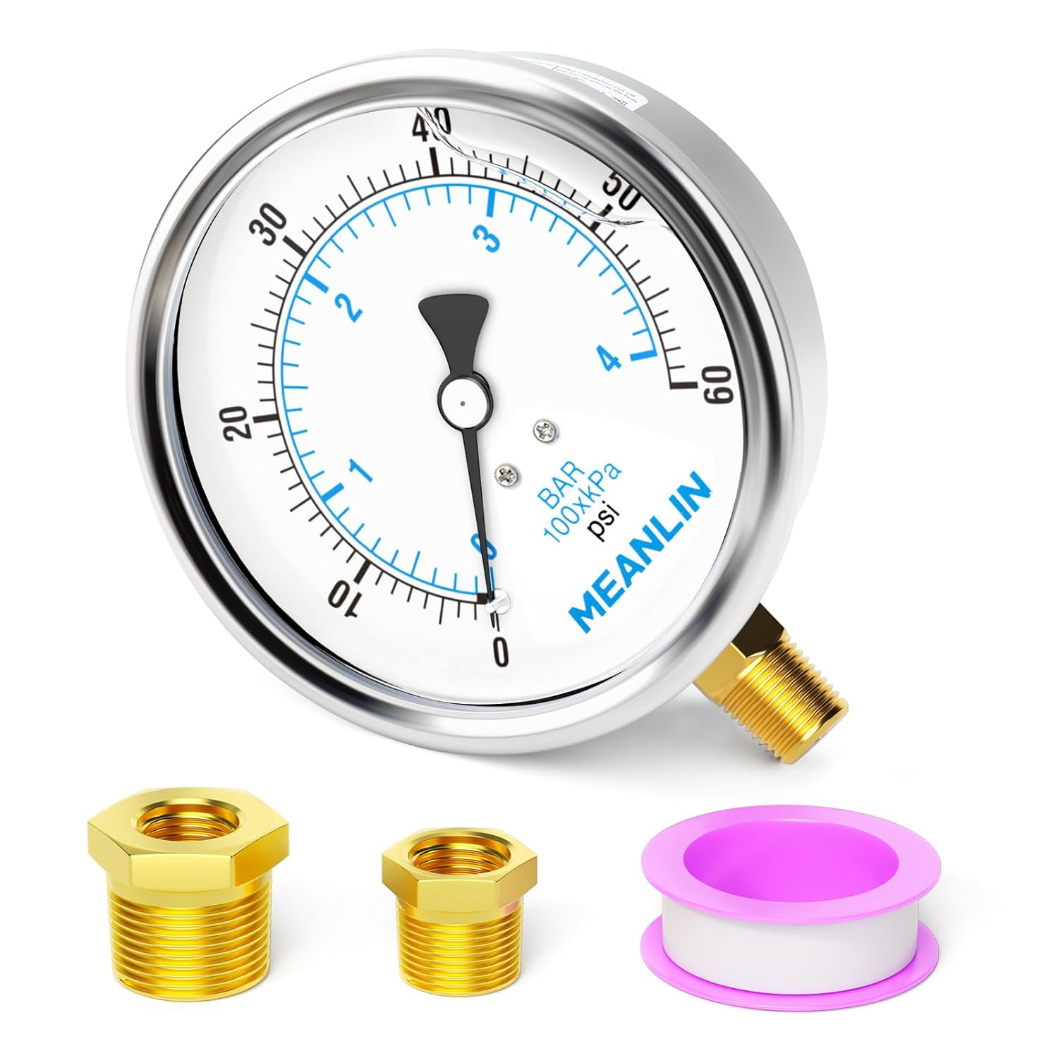 MEANLIN MEASURE 0~60Psi Stainless Steel 1/4" NPT 4" FACE DIAL Liquid Filled Pressure Gauge, Pool Sand Filter Water Pump Pressure Test Lower Mount, with 1/2" NPT and 3/8" NPT Hex Bushing