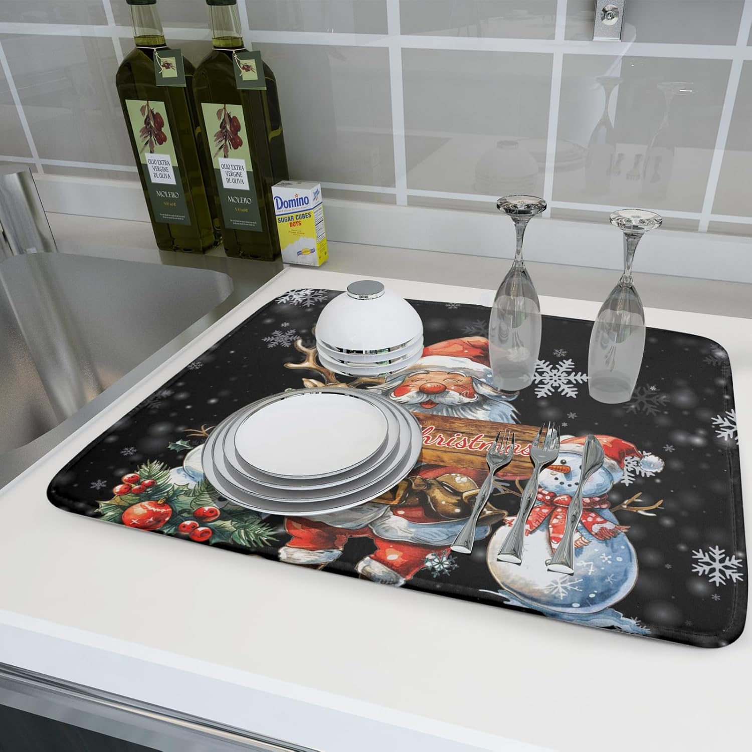 Christmas Santa Snowman Dish Drying Mats for Kitchen Counter 16"x18" Merry Christmas Santa Claus Dish Drying Mats Absorbent Microfiber Reversible Dishes Pad Dish Drainer Mat for Kitchen Accessories