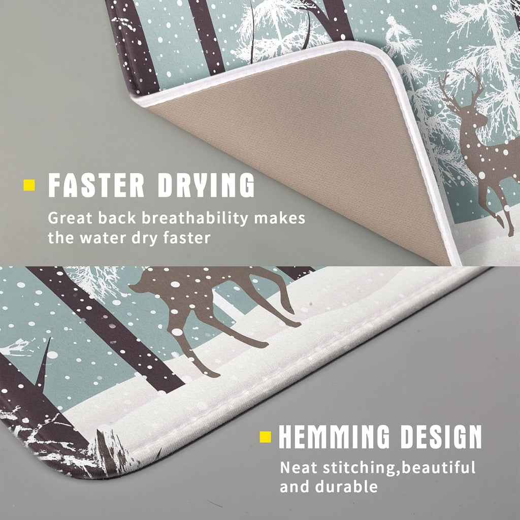 Winter Wildlife Deer Dish Drying Mat for Kitchen Counter,Xmas Landscape Snow Tree Ivory Drying Mat 16 x 18 Inch with High Absorbent Microfiber Drainer Mat for Coffee Bar