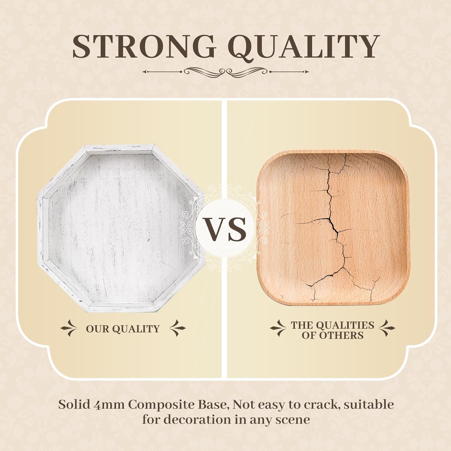 Wooden Decorative Tray, Small Serving Tray with Wood Bead, Farmhouse Big Tray for Ottoman, Countertop, Coffee Tabl, 13" x 13"x 1.6" (Retro White)