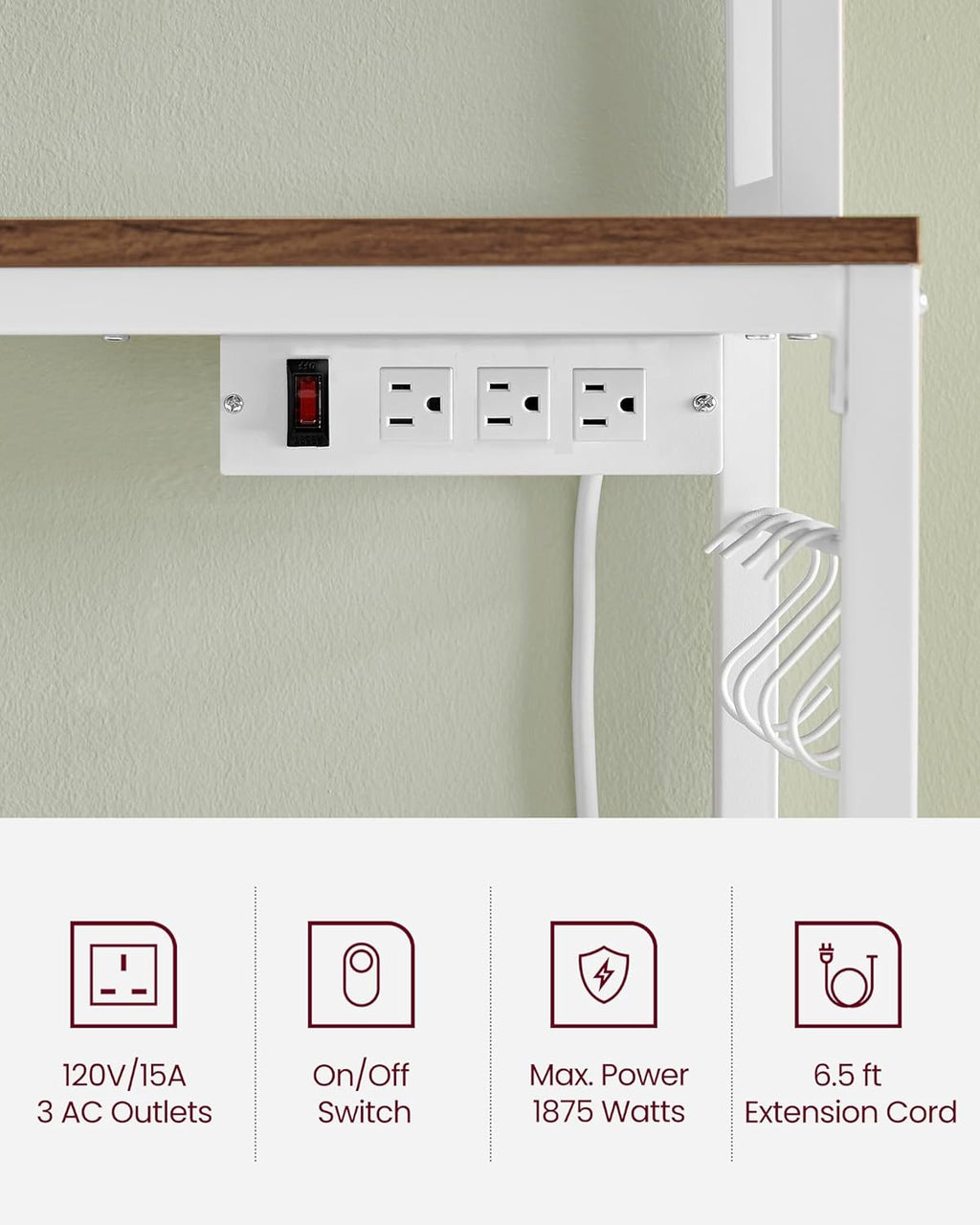 VASAGLE Hutch Bakers Rack with Power Outlet, 14 Hooks Microwave Stand, Adjustable Coffee Bar with Metal Wire Panel, Kitchen Storage Shelf, 15.7 x 23.6 x 66.9 Inches, Rustic Walnut and White UKKS037W41