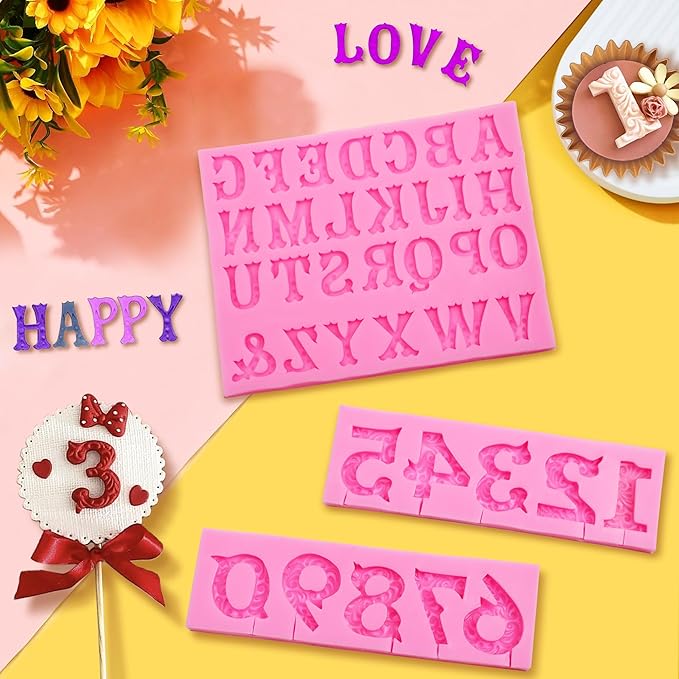 Silicone Fondant Molds, AIMEIKI 3 Pack 3D Silicone Number 0-9 Alphabet A-Z Embossed Fondant Chocolate Baking Molds for Decorating Birthday Cake Candy Chocolate DIY Craft Projects