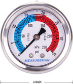 MEASUREMAN 2" Dial Size, Liquid Filled Pool Filter Pressure Gauge, 304 Stainless Steel Case, 0-35psi/250kpa,1/4" NPT Center Back Mount