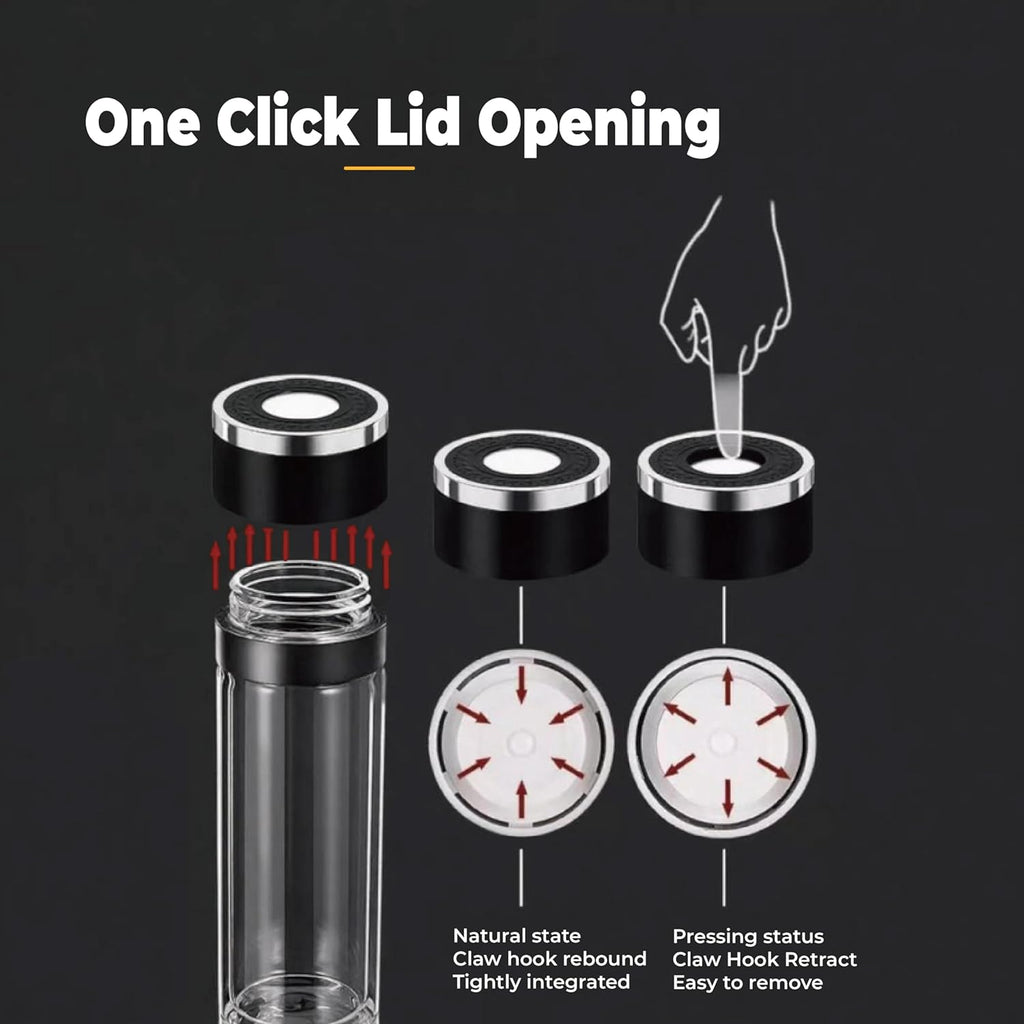 Glass Water Bottle Fits in Car Cup Holder, 14 oz Double Wall Borosilicate Glass Tea Infuser Bottle, One Handed One Key Lid Opening, for Car, Home, Office