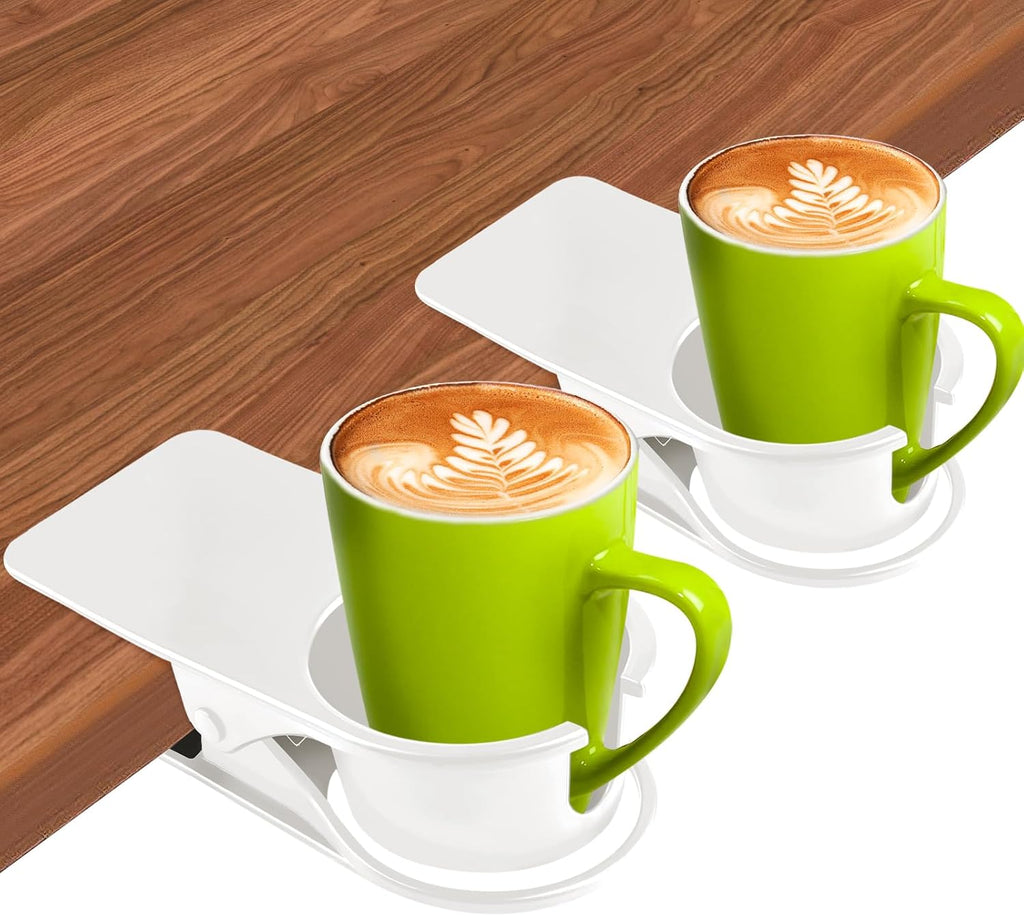 Kalolary 2PCS New Drinking Cup Holder Clip with Groove Table Bottle Cup Stand DIY Glass Cup Clamp Storage Saucer Clip Water Coffee Mug Holder Saucer Clip for Home Desk, White