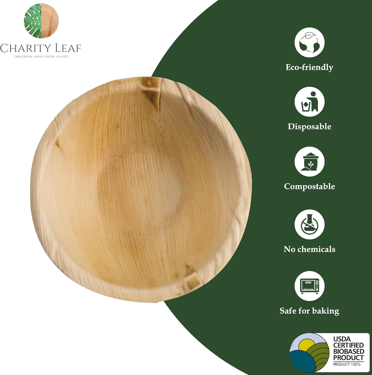 Charity Leaf Disposable Palm Leaf 5" Round Bowl (50 pcs) Dipping Bowls | Bamboo Like| All Natural and Biodegradable | Charcuterie Boards, BBQs, and Parties