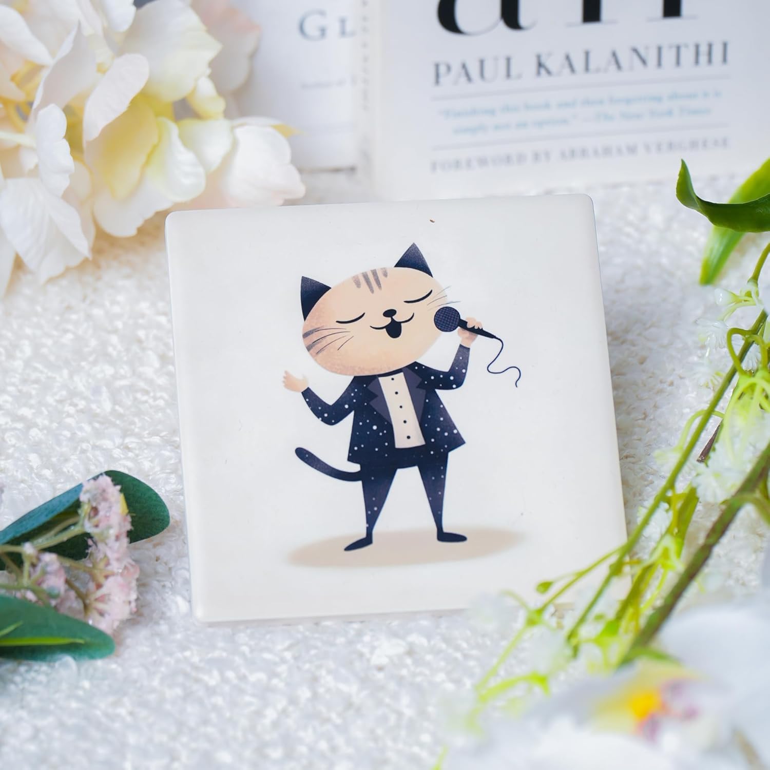 Ceramic Coasters Set of 4 – Square Drink Coasters with Cork Backing, 3.9x3.9 Inches – Decorative Printed Designs for Home, Office, or Gift Use (Musical Cats)