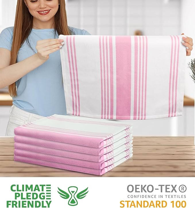 Urban Villa Kitchen Towels 100% Cotton Pack of 3, Highly Absorbent Quick Drying Super Soft Premium Dish Towels for Kitchen with Hanging Loop Hand & Tea Towels - 20x30 Inch, (Pink & White, Striped)