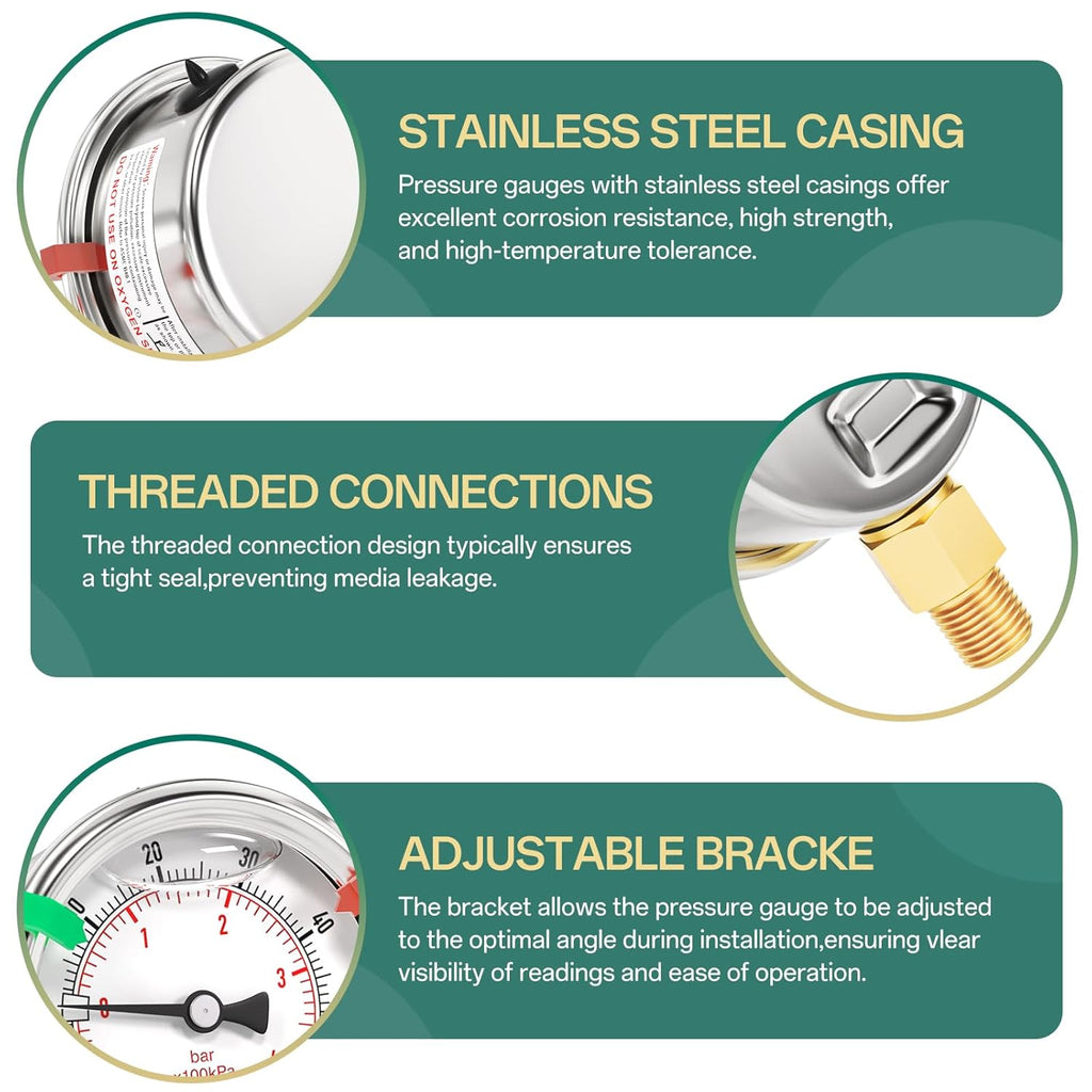 -30inHG-60PSI Stainless Steel Liquid Filled Pressure Gauge, 2.5" Dial Size, 1/8" NPT Lower Mount, for Tube, Water Pump, Gas, Liquid, Pressure Test (with Range Mark Pointer)