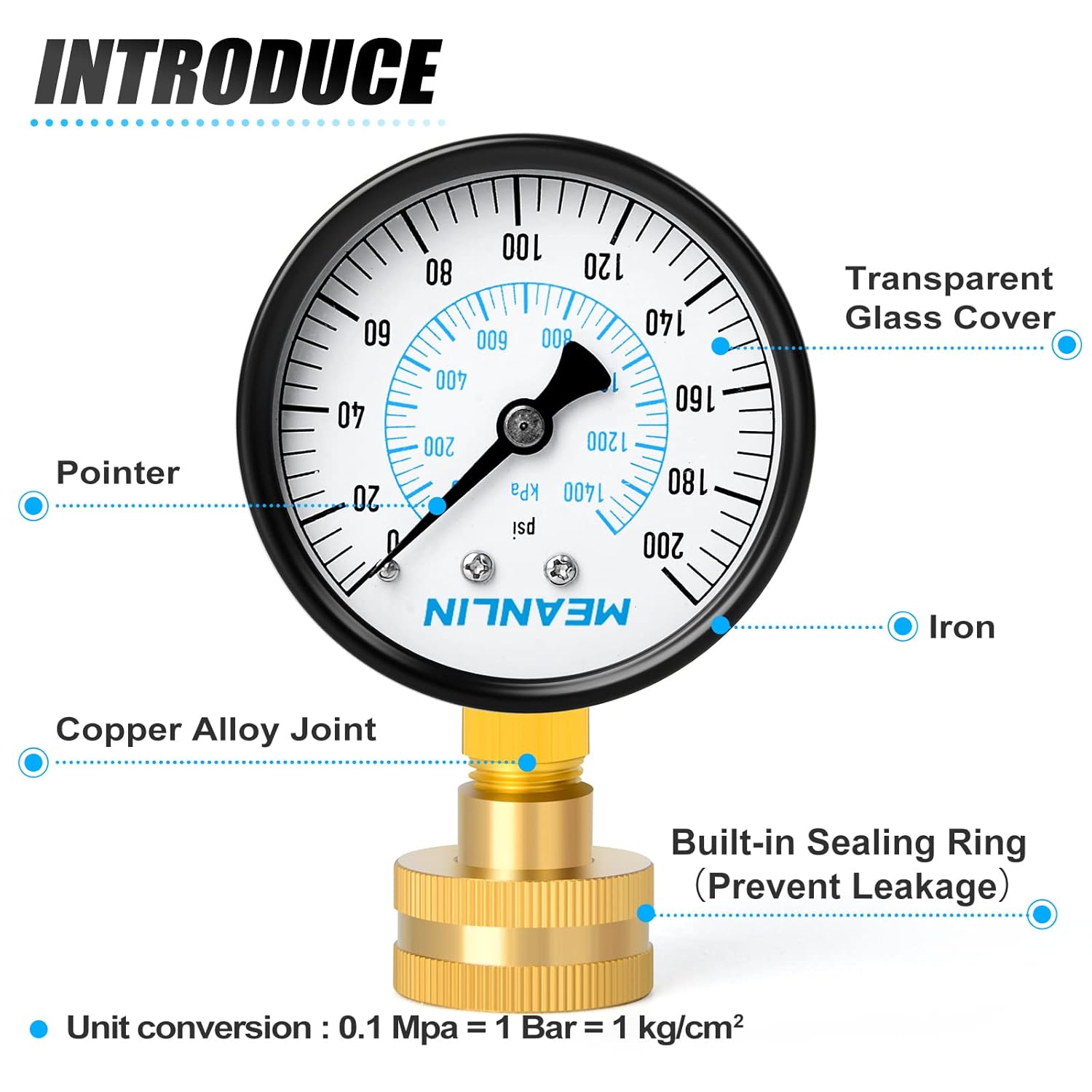 MEANLIN MEASURE 0-200Psi Water Pressure Gauge, 3/4" Female 2.5" FACE DIAL Water Pressure Test Gauge, Water Pressure Gauge for Home with Sealing Ring