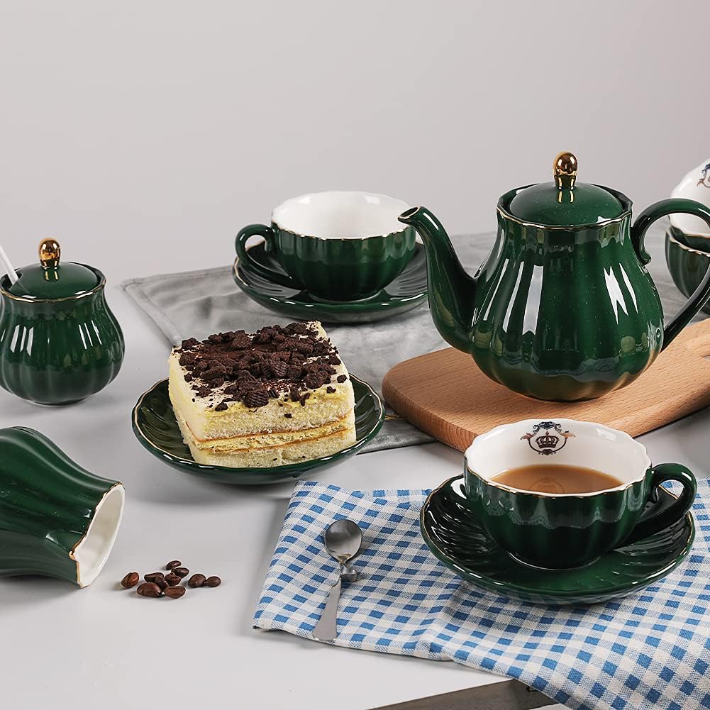 Porcelain Tea Sets British Royal Series, 8 OZ Cups& Saucer Service for 6, with Teapot Sugar Bowl Cream Pitcher Teaspoons and Tea Strainer, Suitable for High Tea, Wedding, Party (Jade)
