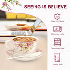 Cup and Saucer Sets of 6 with Spoon, 8oz Ceramic Tea Cups Saucers Set Porcelain New Bone China Floral Vintage Coffee Cup & Saucer Sets -Microwave Dishwasher Safe (Pink)