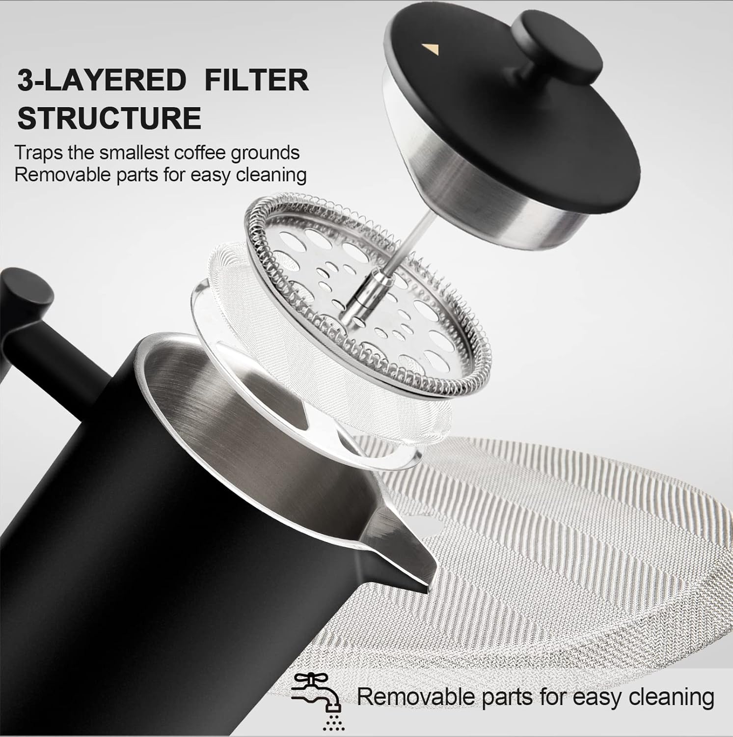 Secura French Press Coffee Maker with 3-Layer Stainless Steel Filter, 34 oz Black, Double-Walled Insulated Design with 2 Extra Filters