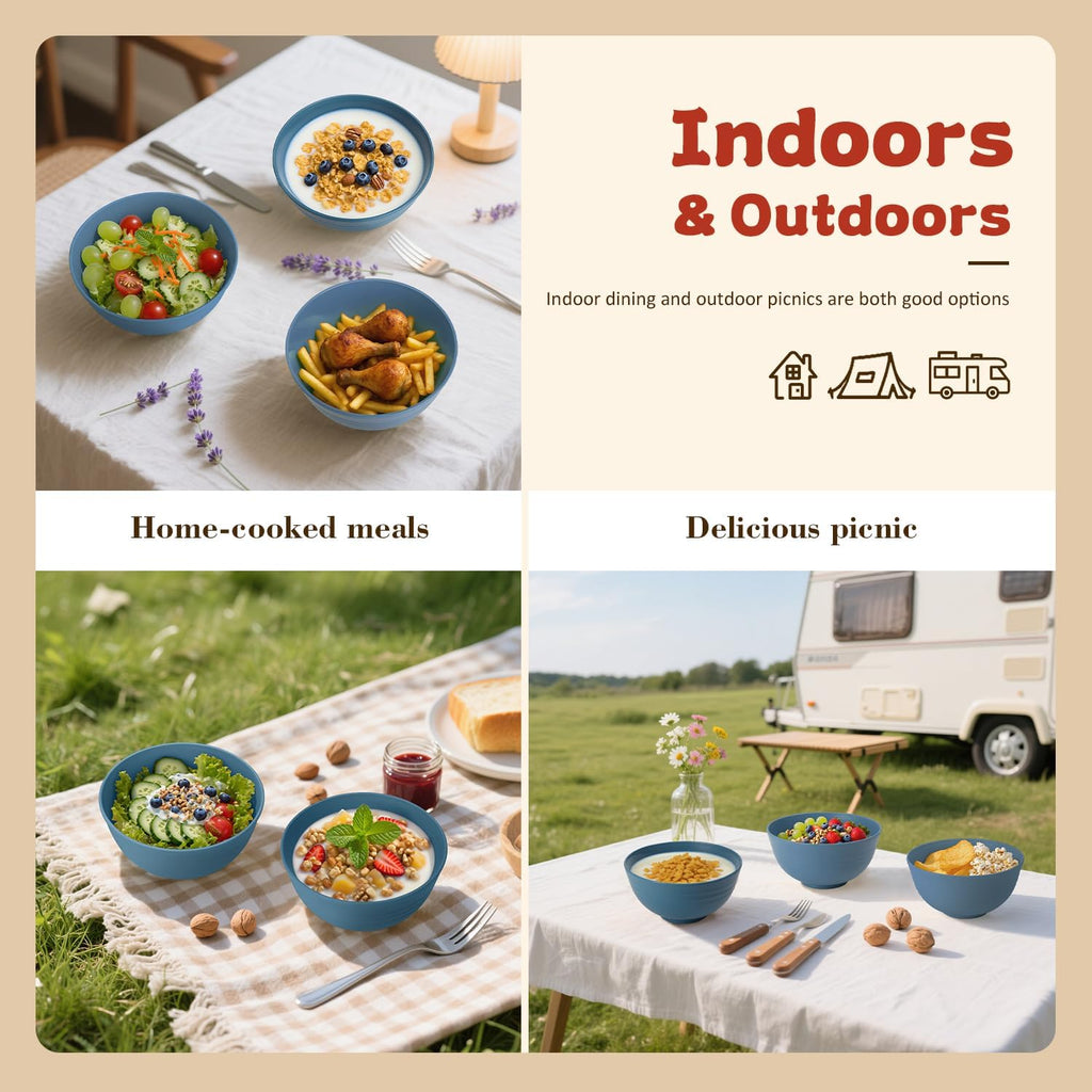 6-piece Wheat Straw Bowls sets 26oz,Alternative Plastic Bowls Reusable for indoors and outdoors,Microwave-able and Dishwasher Safe Bowls Sets Easy to Clean.Blue Series