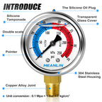 MEANLIN MEASURE 1/4" NPT 0-35psi Pressure Gauge, 2" Dial Glycerine Filled Pool Filter, 304 Stainless Steel Housing, Lower Mount, with 1/2" NPT and 3/8" NPT Hex Bushing
