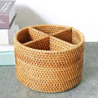 i-lan Natural Rattan 4 Compartments Storage Holder Cosmetics Organizer Utensil and Seasoning Bottle Serving Basket for Party(200mm 4-compartment Round Box)