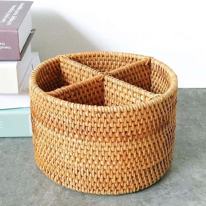 i-lan Natural Rattan 4 Compartments Storage Holder Cosmetics Organizer Utensil and Seasoning Bottle Serving Basket for Party(200mm 4-compartment Round Box)