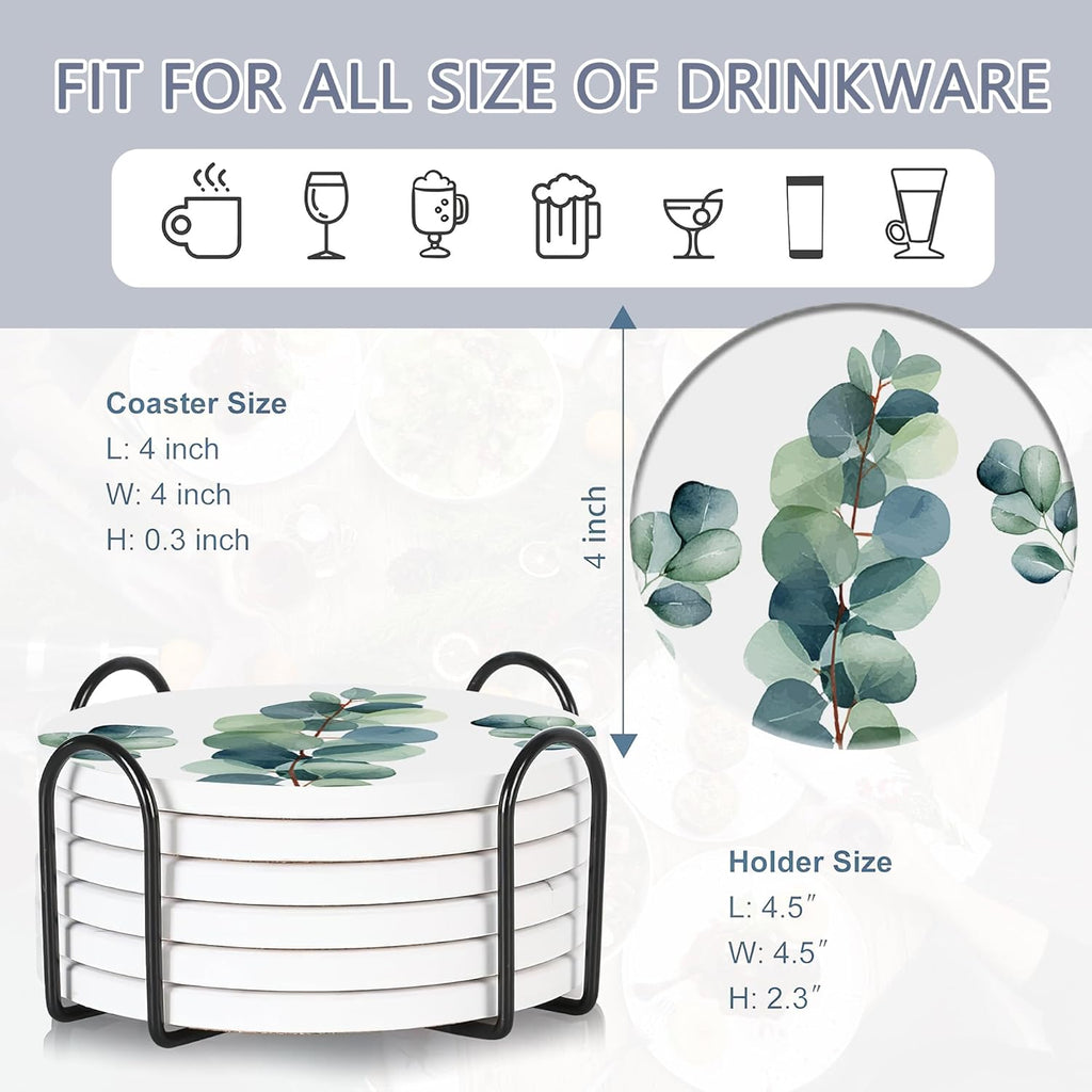 6 Pcs Coasters for Drinks with Holder, Green Leaves Absorbent Ceramic Coasters with Cork Base,Cute Funny Table Drinks Coasters Tabletop Protection Mat,Table Home Decor,4 Inches