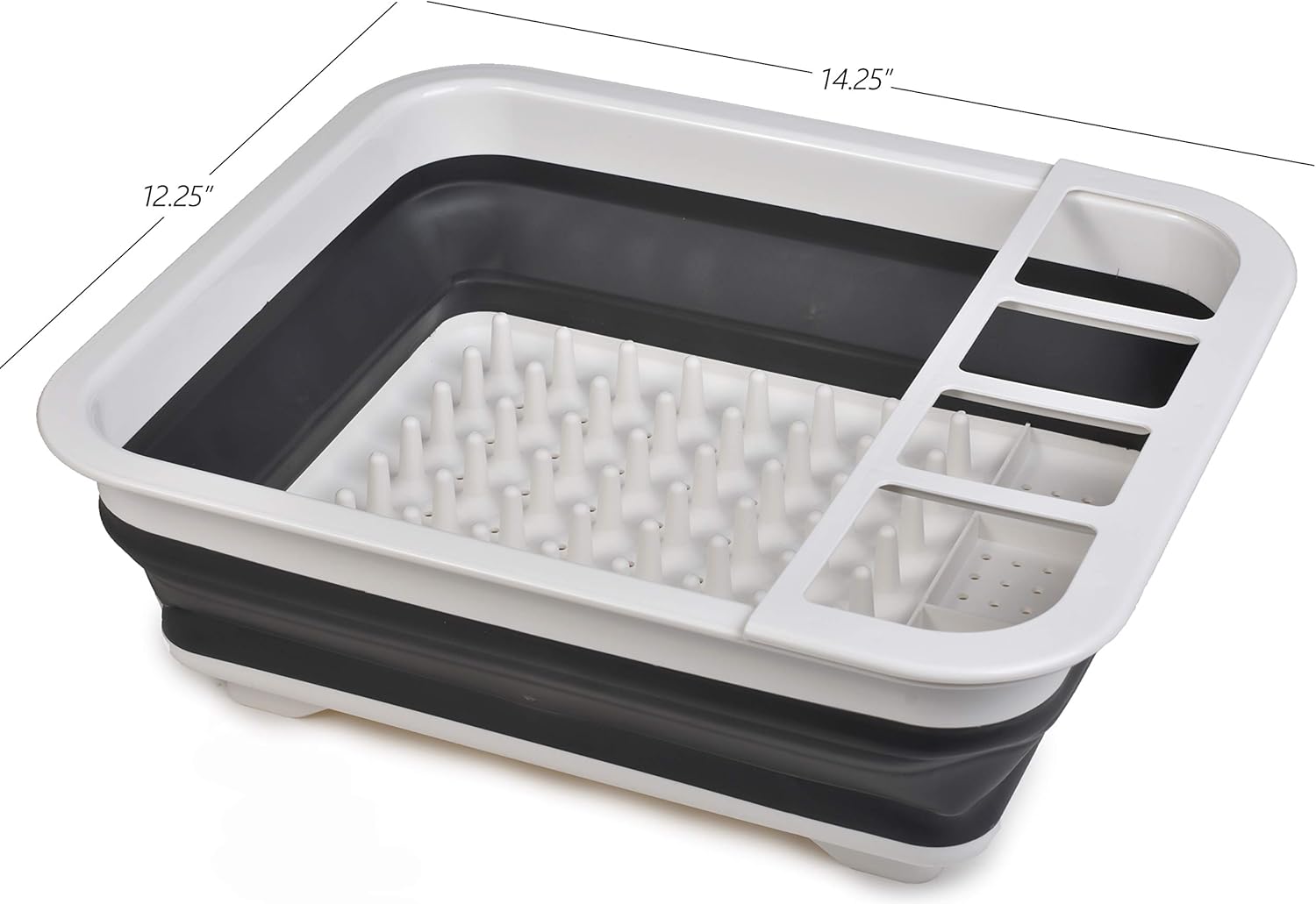 Masirs Pop-Up Collapsible Dish Drying Rack: Convenient Storage, Drains into Sink, Eight Large Plate Capacity, Sectional Cutlery and Utensil Compartment. Compact and Portable Design.