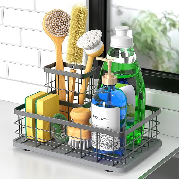 Large Family-Sized Sponge Holder for Kitchen Sink with Brush Holder - Drain-Free Non-Slip Base, 2.6mm Stainless Steel with Grey Rust-Resistant Coating-10.24"L x 6.5"W x 5.83"H Sink Organizer