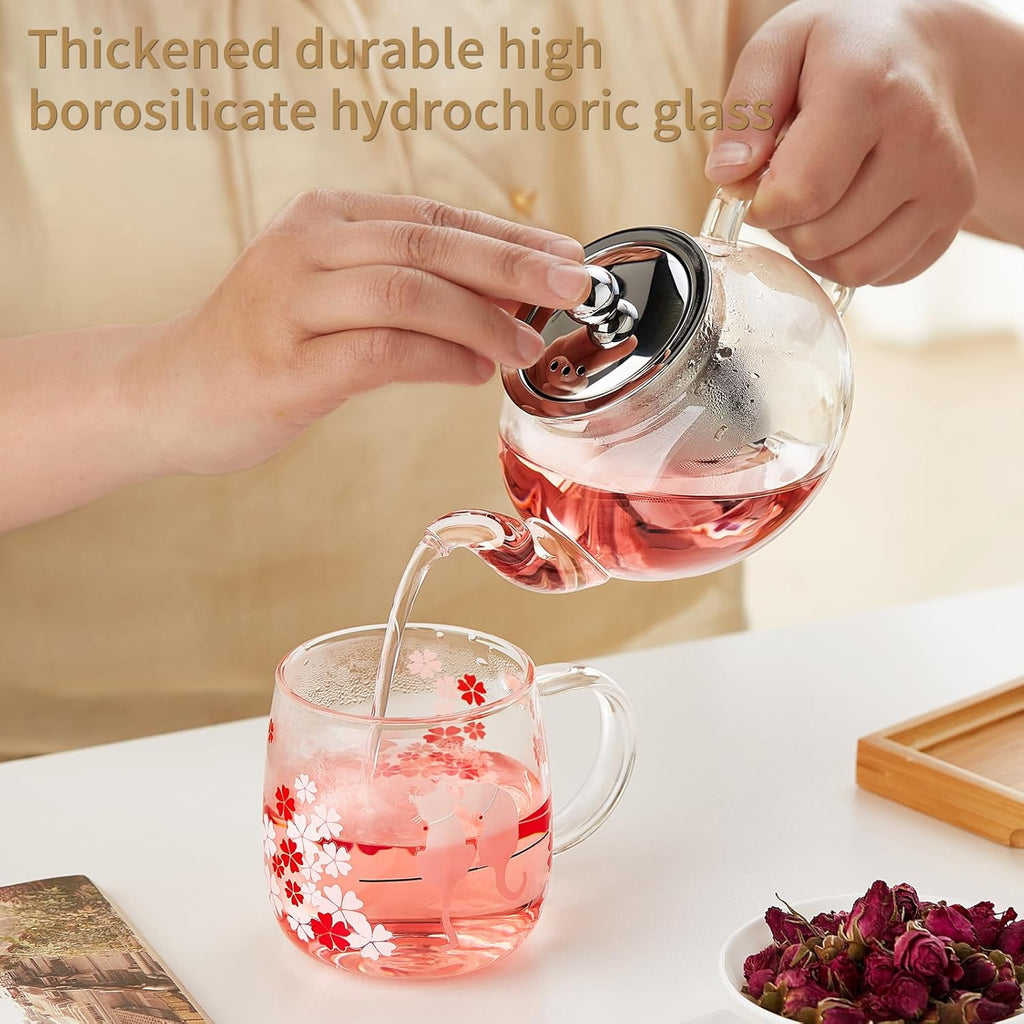 Glass Teapot Stovpetop Safe,20 oz/ 600 ml Stove Top & Microwave Safe Small Borosilicate Glass Kettle with Loose Leaf Tea Strainer For Flower Blooming Tea, Clear