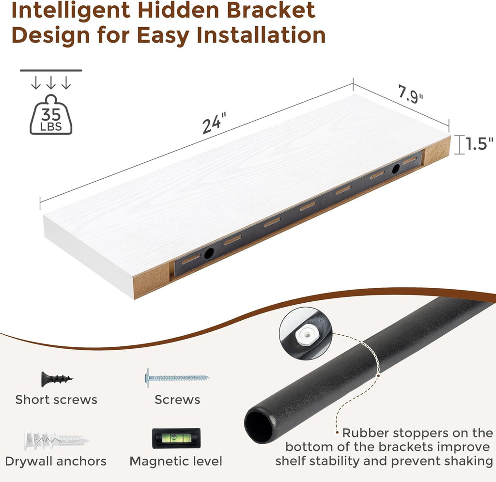 Heimlove 24 Inch Floating Shelves for Wall White Shelves Set of 2,Wall Mounted Rustic Wood 8 Inch Deep Floating Shelf with Invisible Brackets for Bedroom Kitchen Living Room